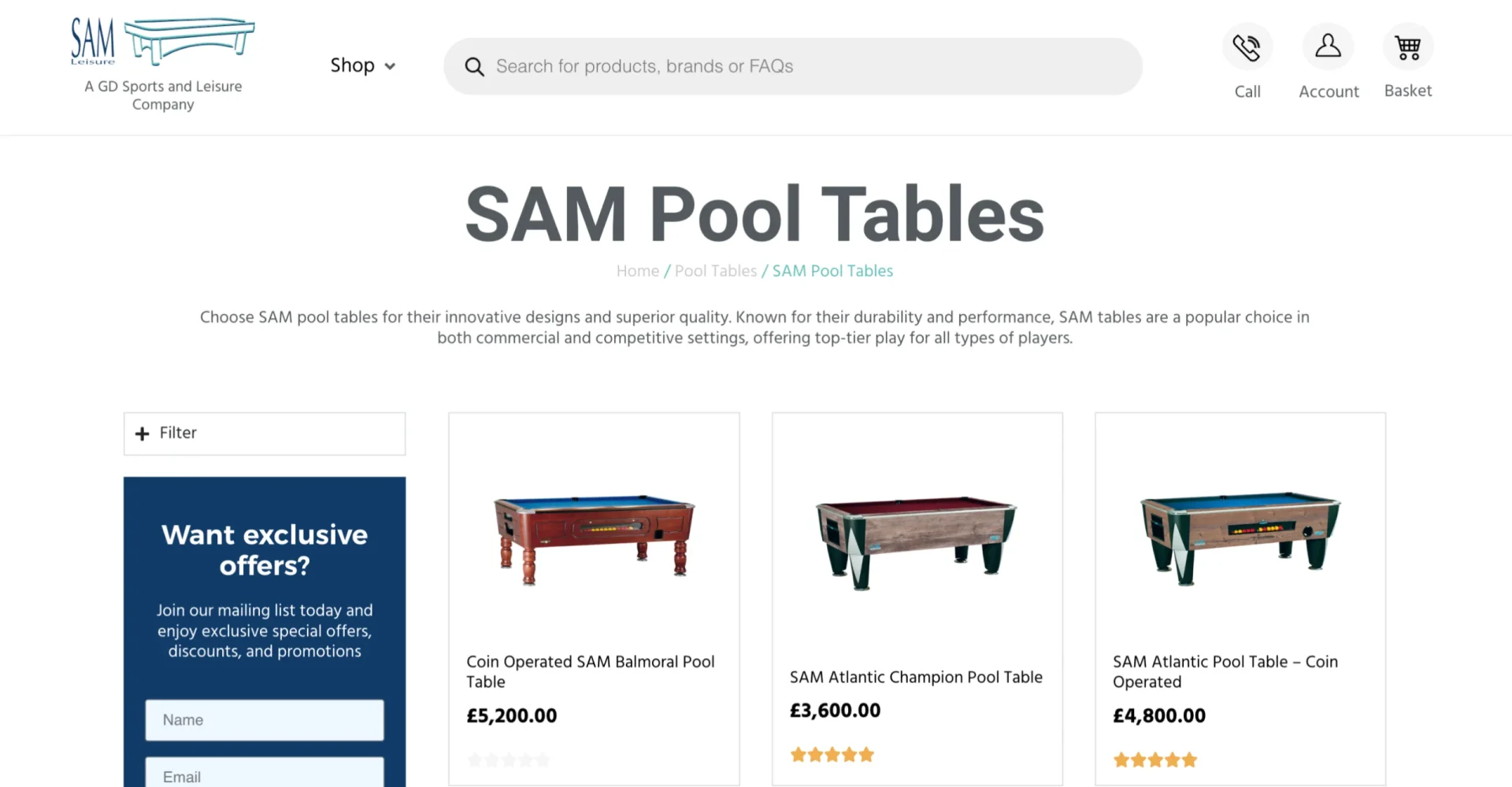 SAM Leisure Website Screenshot without hero image (desktop)