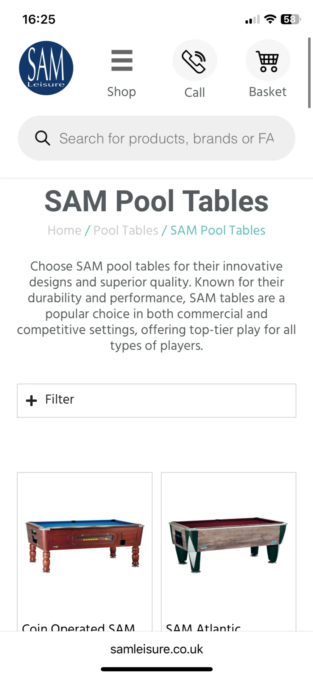 SAM Leisure Website Screenshot without hero image (mobile)