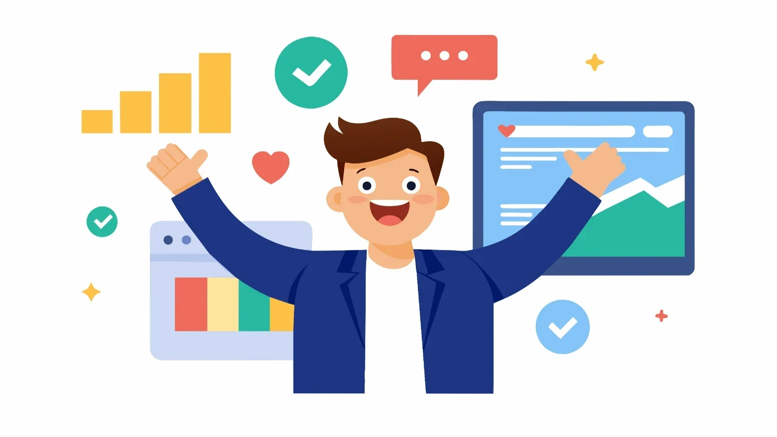 graphic of person managing social media platforms